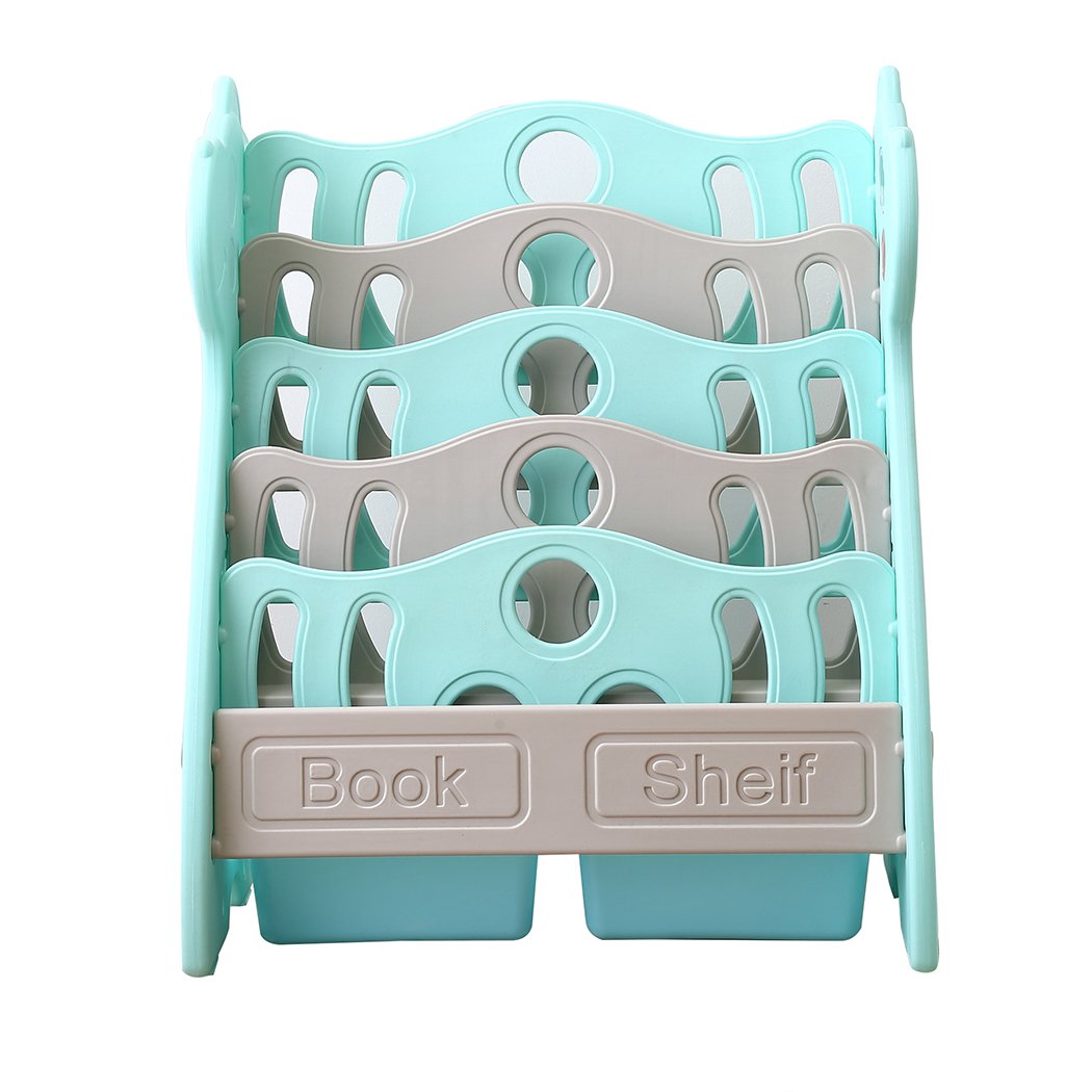 BoPeep Kids Bookshelf featuring a vibrant giraffe design with four deep shelves for children's books, made from safe polyethylene material.